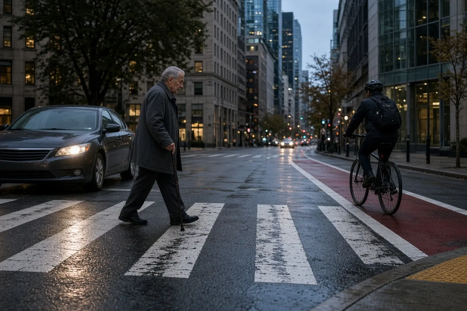 Kentucky negligence law: a driver stops for a pedestrian at a downtown crosswalk while a cyclist passes.