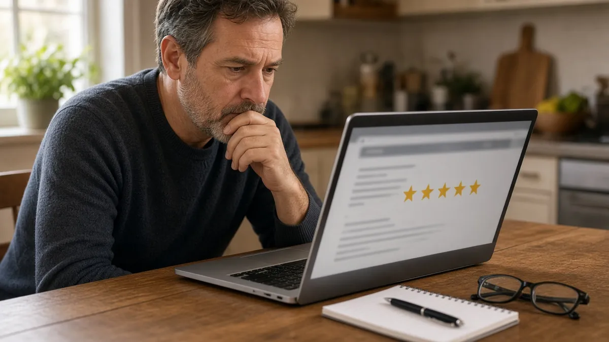 A family member reviews nursing home violations and inspection ratings on a laptop at a kitchen table.