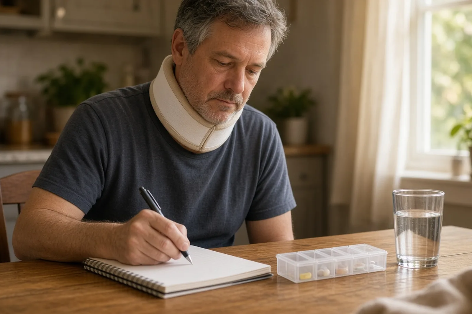 A man with a neck brace sits at a kitchen table writing in a notebook, documenting daily pain and suffering after an injury.