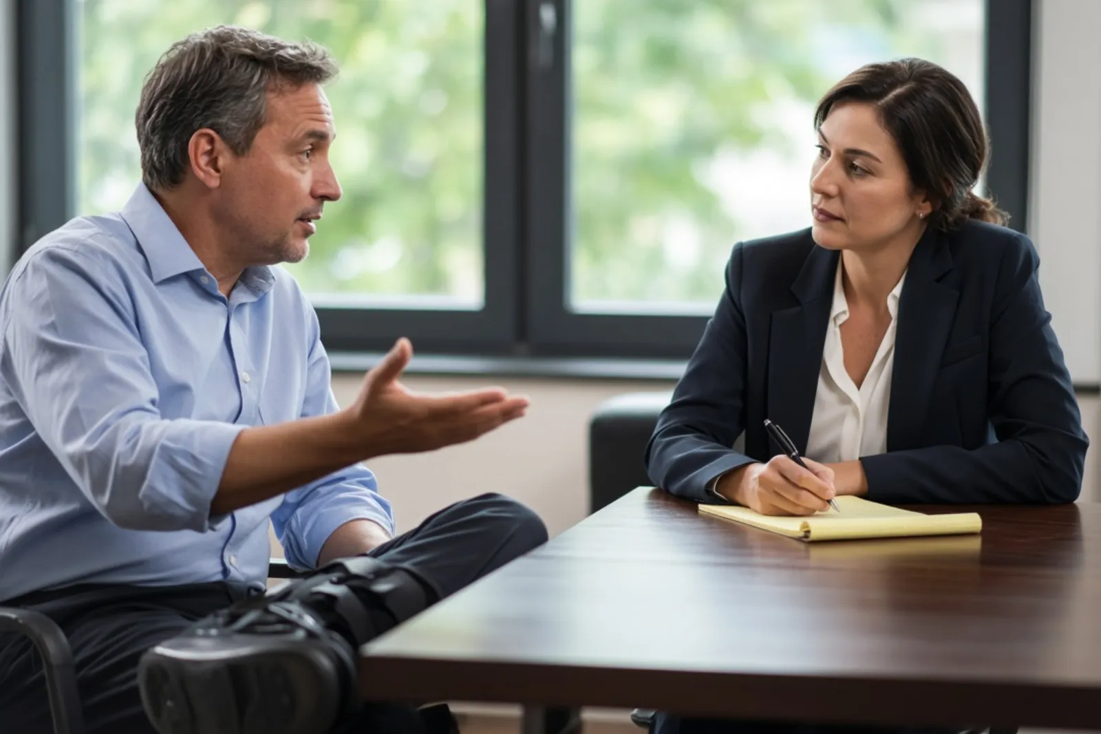 Injured client asking an attorney questions during a consultation.