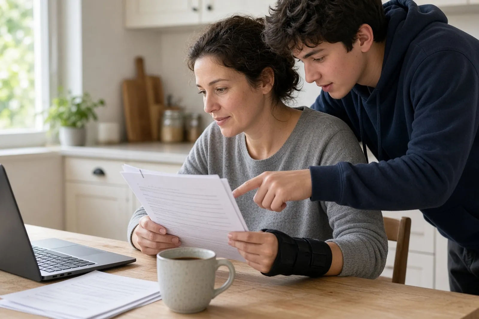 Kentucky personal injury glossary: a mother and her son read through insurance letters at the kitchen table.