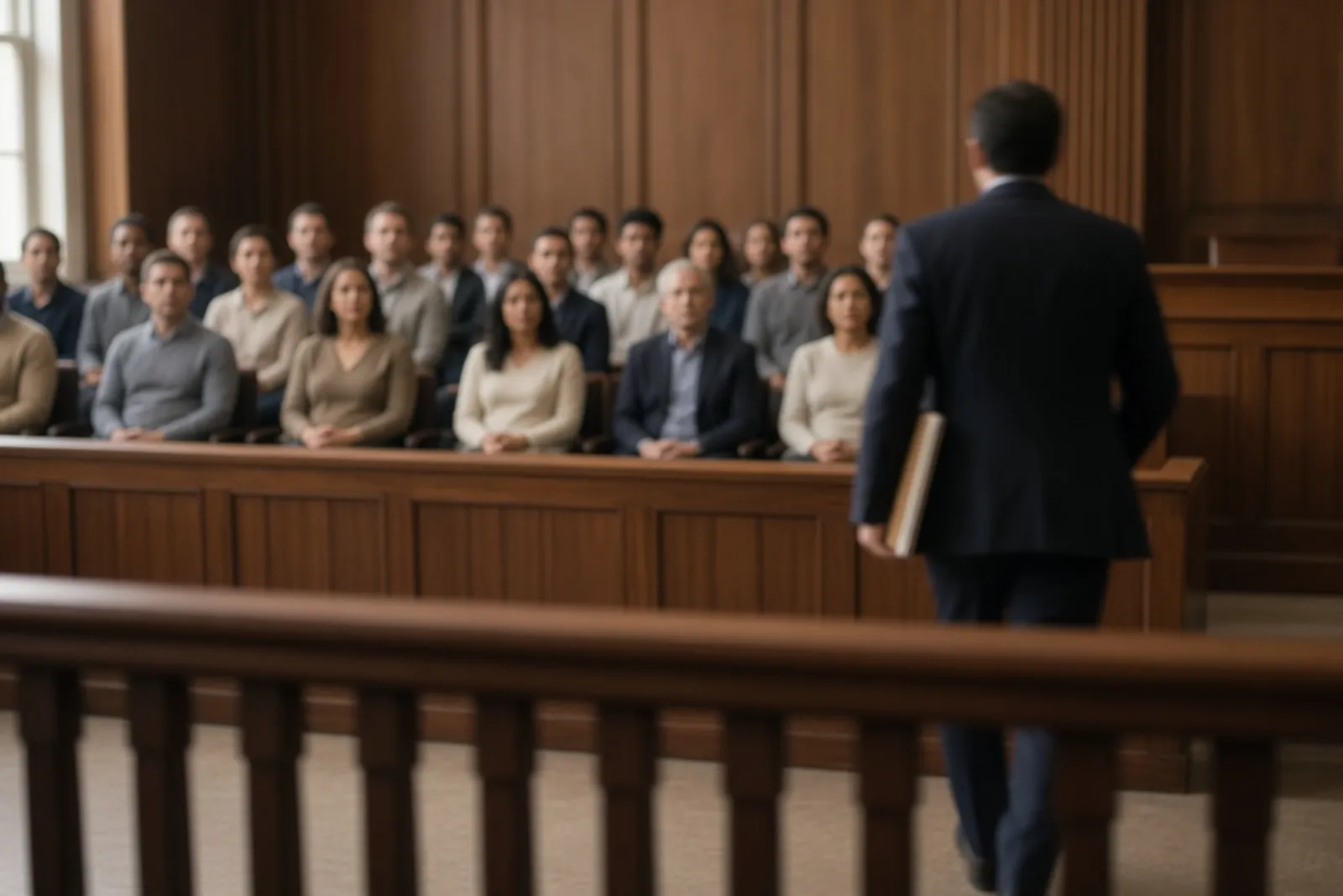 Trial lawyer walking toward a jury box during a Kentucky injury trial over punitive damages.