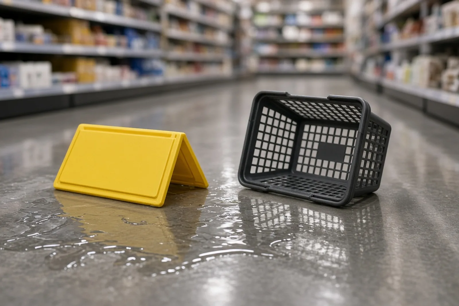 Wet floor in a store aisle with a caution sign knocked over, a common Kentucky slip and fall settlement case