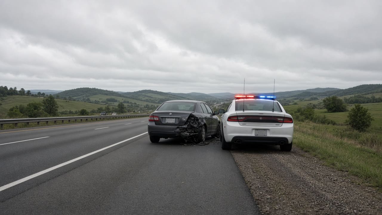 A Kentucky State Police cruiser with lights on parked behind a damaged car on the shoulder of a rural interstate while the trooper writes the accident report.