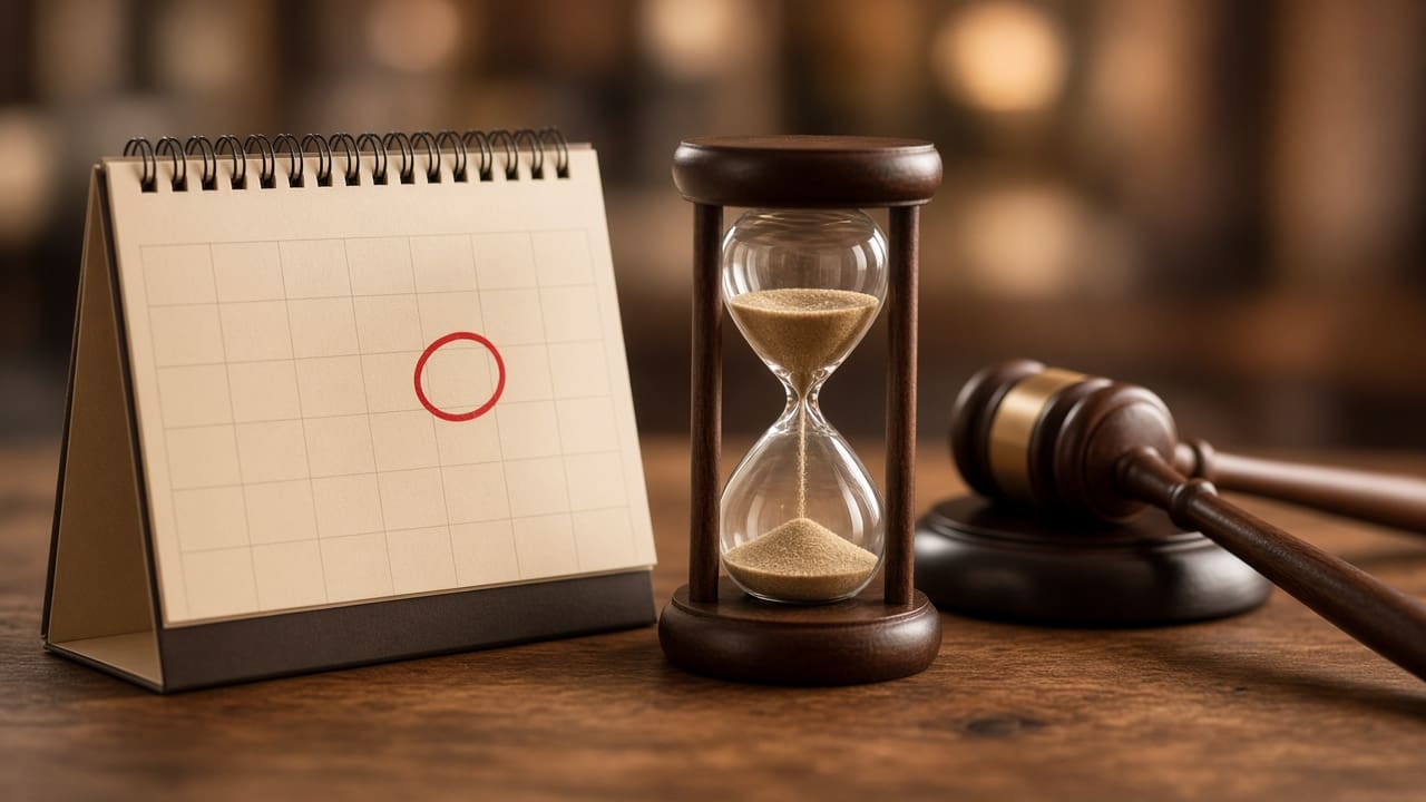 A desk calendar beside a Kentucky statute of limitations calculator, with several dates circled in red beside a pen, folders and a cup of coffee.