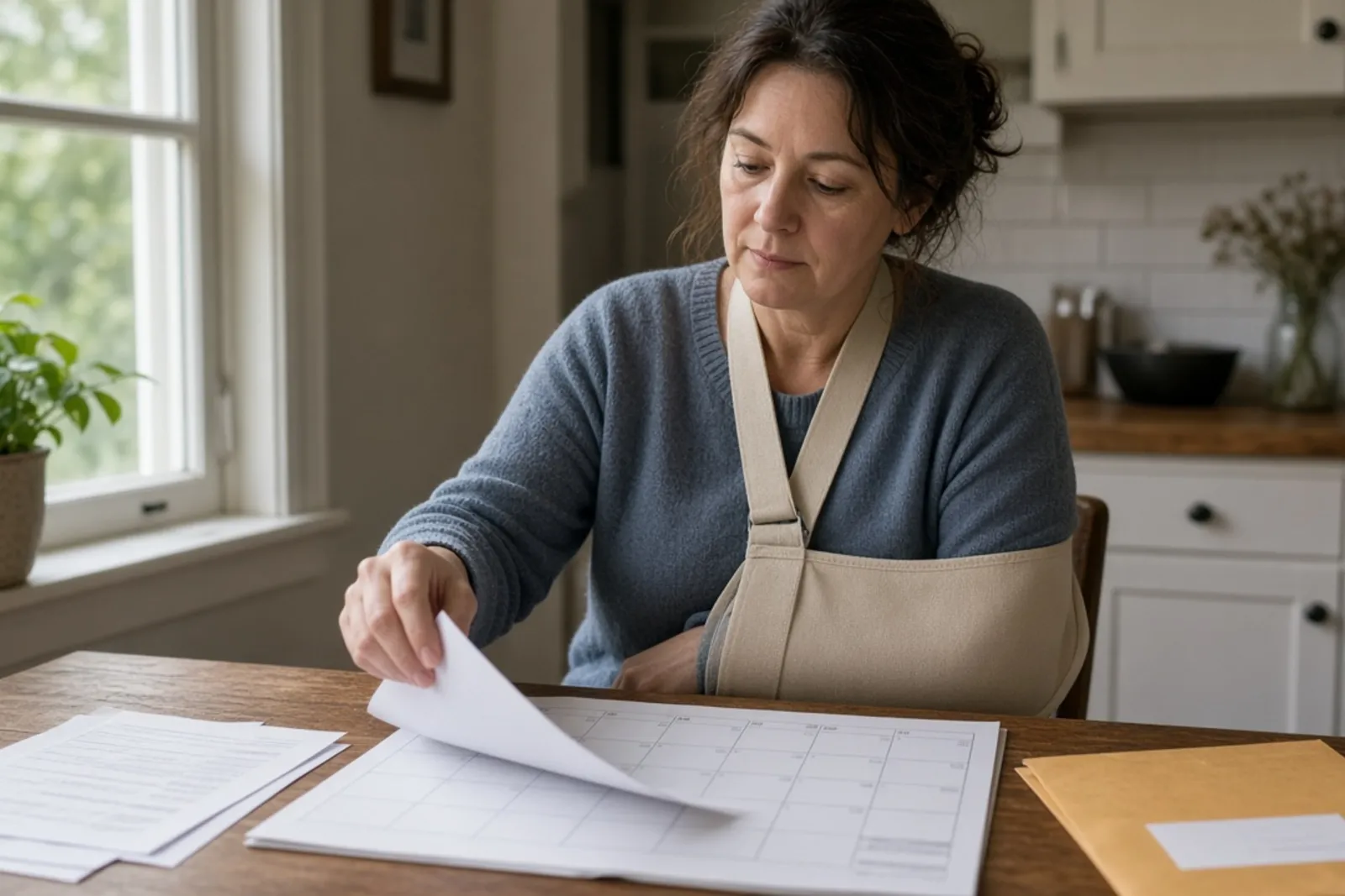 Injured woman reviewing a calendar and medical paperwork to track her claim deadline.