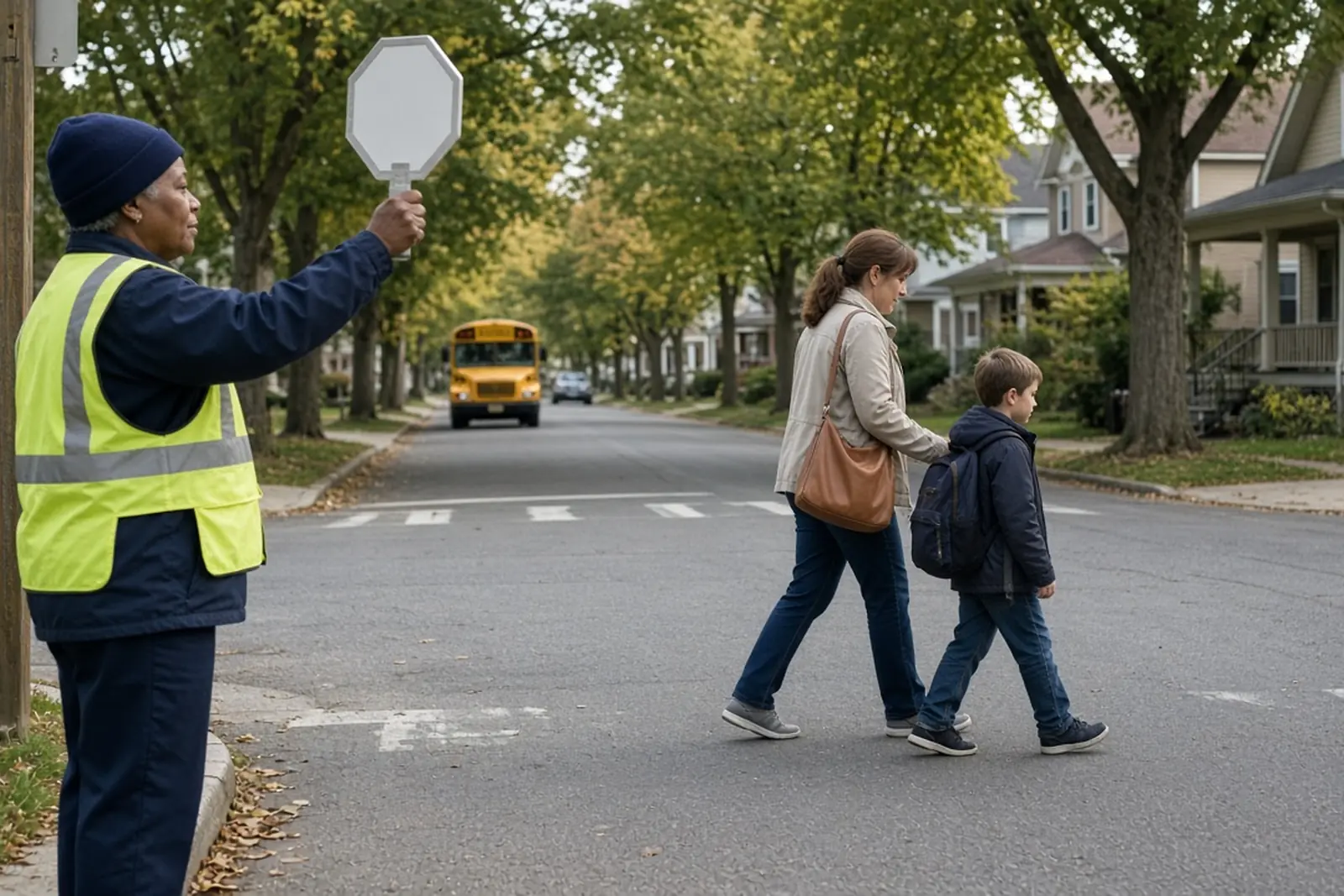 Kentucky traffic laws: a crossing guard stops traffic at an intersection as a parent and child cross.