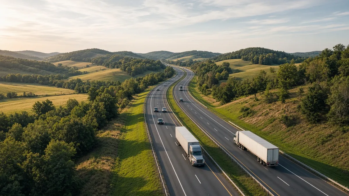 Semi trucks traveling in the right lanes of a three-lane Kentucky interstate, as Kentucky truck driving rules require.