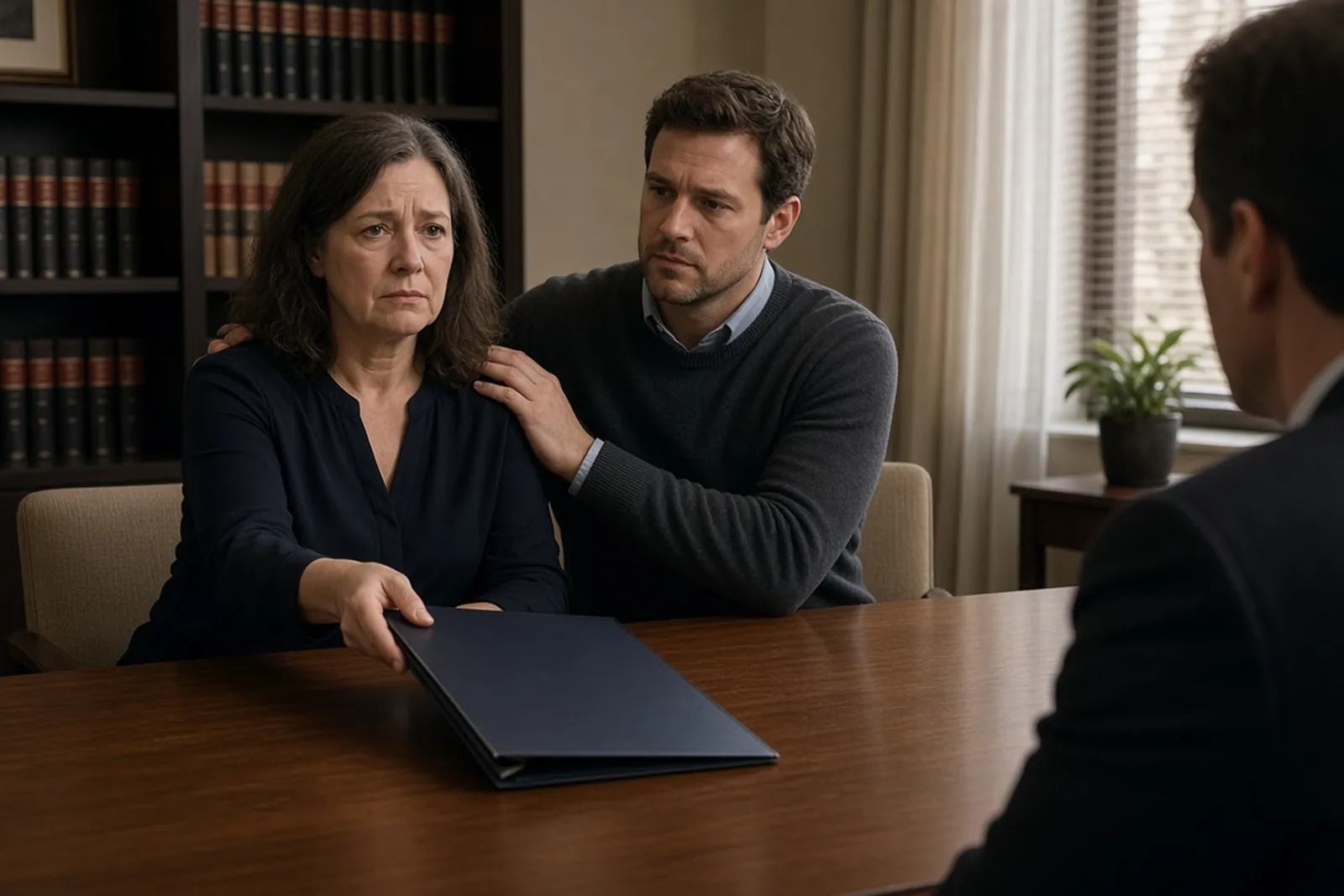 Wrongful death settlement distribution: a widow and her adult son review the next steps with their lawyer.