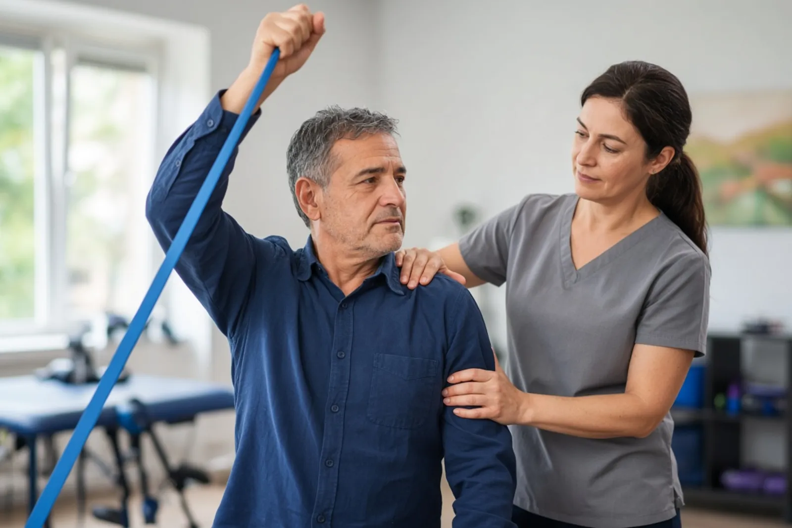Man rehabilitating a torn rotator cuff with a physical therapist