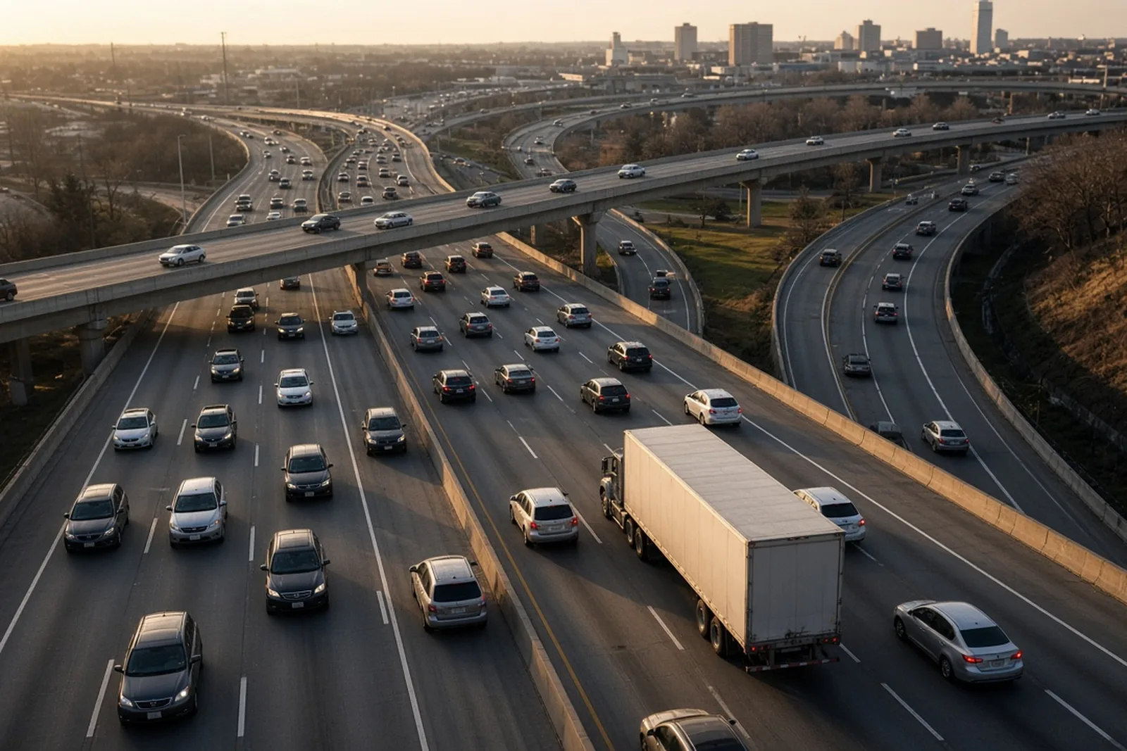 Heavy traffic merges across lanes on a Louisville interstate interchange during rush hour, a common lane change accident setting.