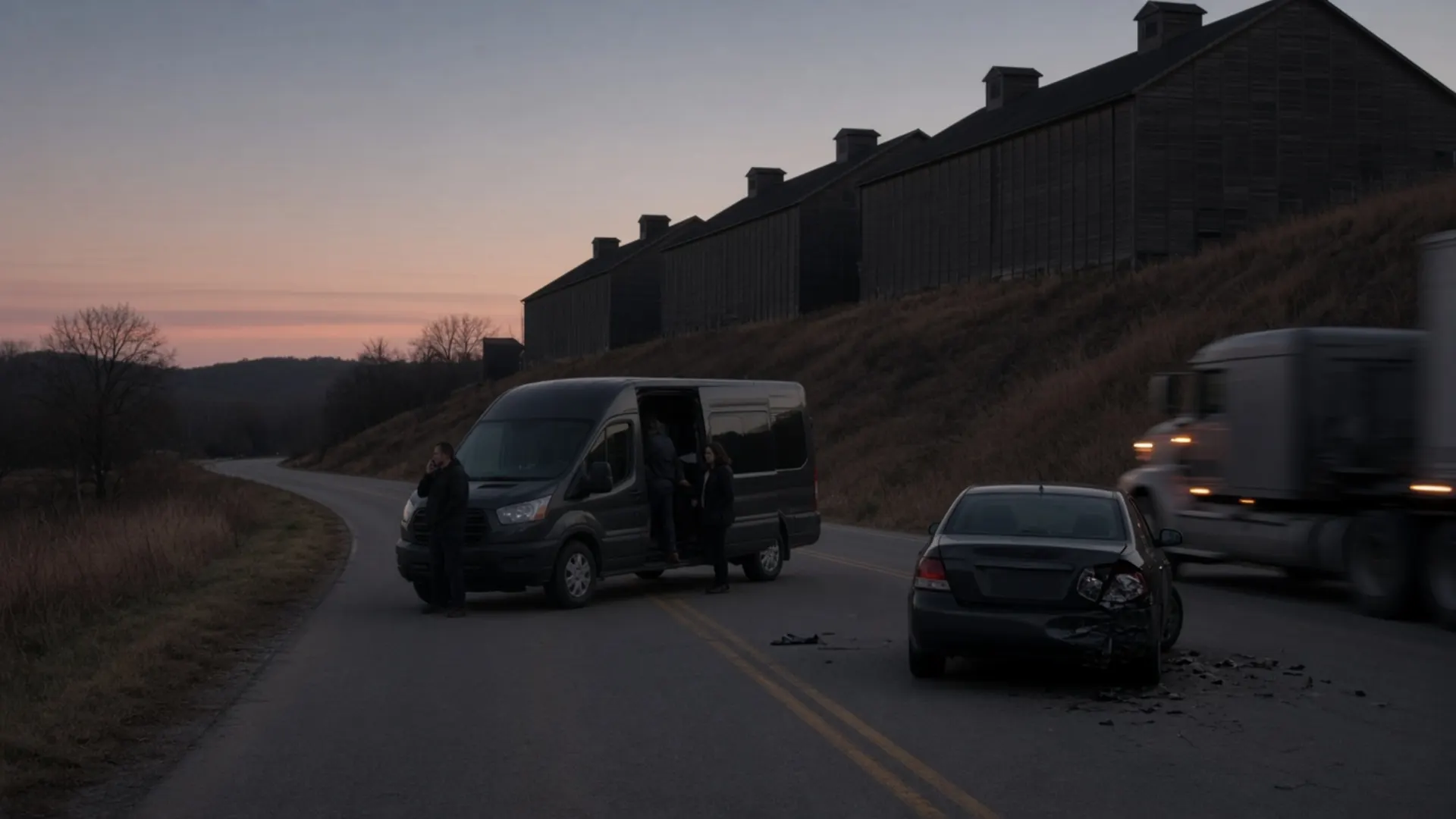 Lawrenceburg, KY personal injury lawyer — Tour van passengers and a driver beside a damaged car on a rural road past dark bourbon warehouses near Lawrenceburg