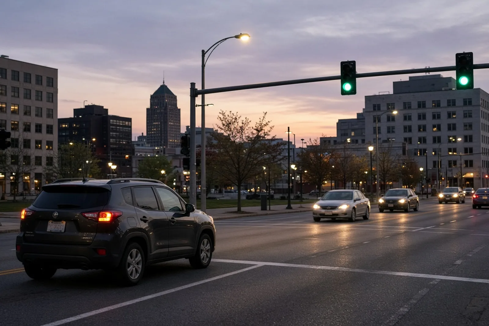 Left-turn accident risk: a car waits in a left-turn lane at a busy Louisville intersection as oncoming traffic moves through on green.