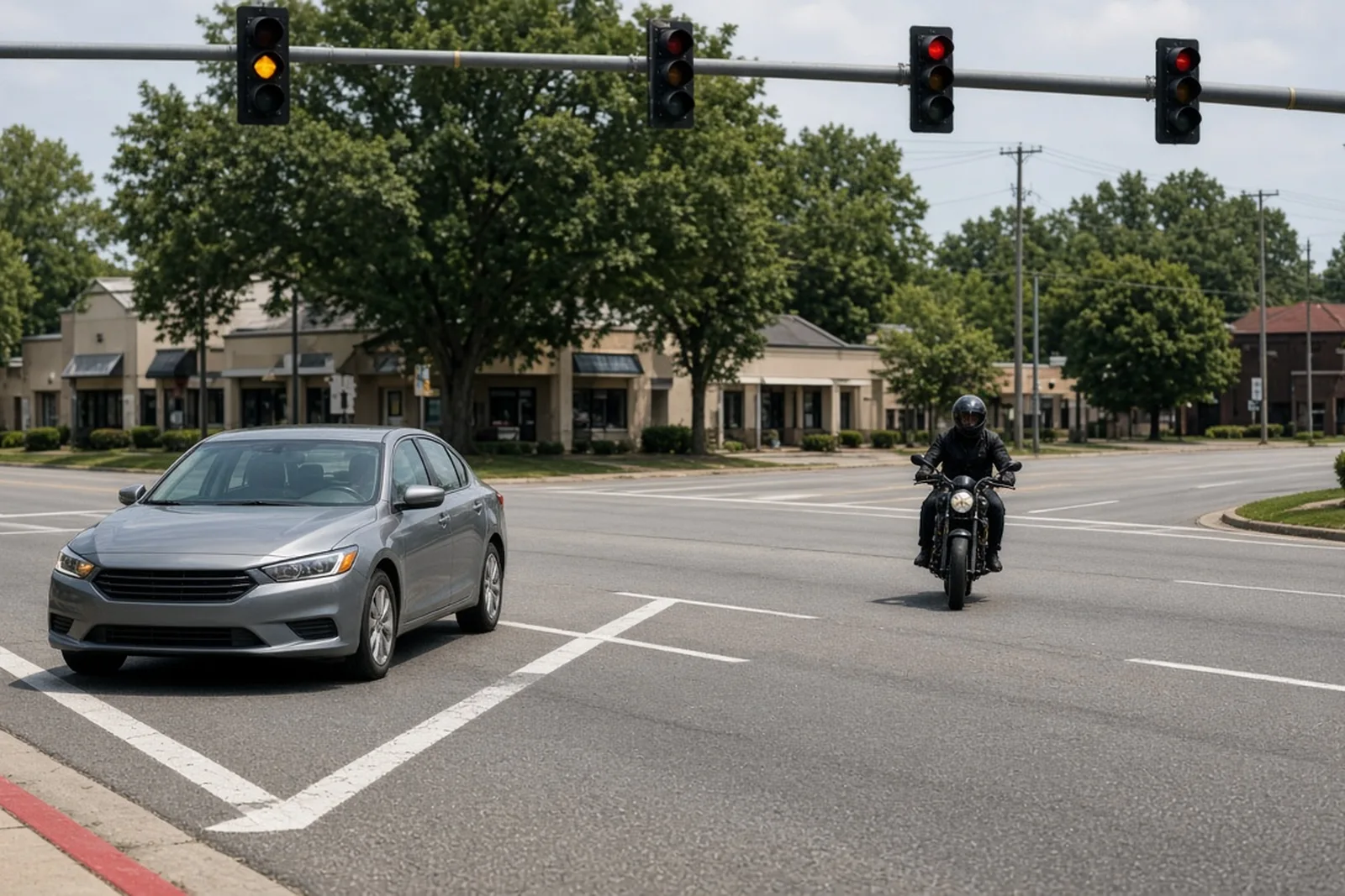 A car waits to turn left across oncoming traffic as a motorcycle approaches an intersection in Louisville, the setup for a left-turn motorcycle accident.