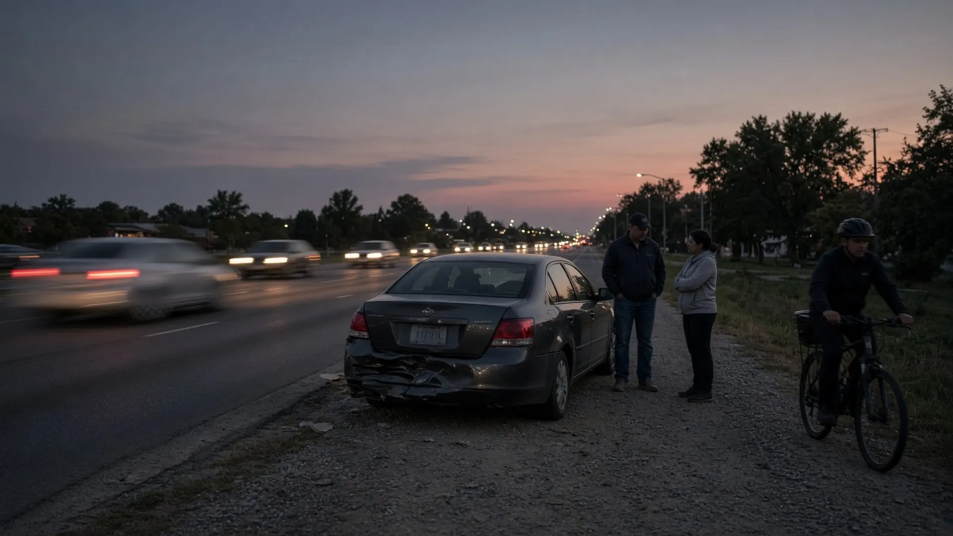 Lexington, KY personal injury lawyer — Drivers and a cyclist after a fender-bender at dusk on a busy multi-lane Lexington boulevard