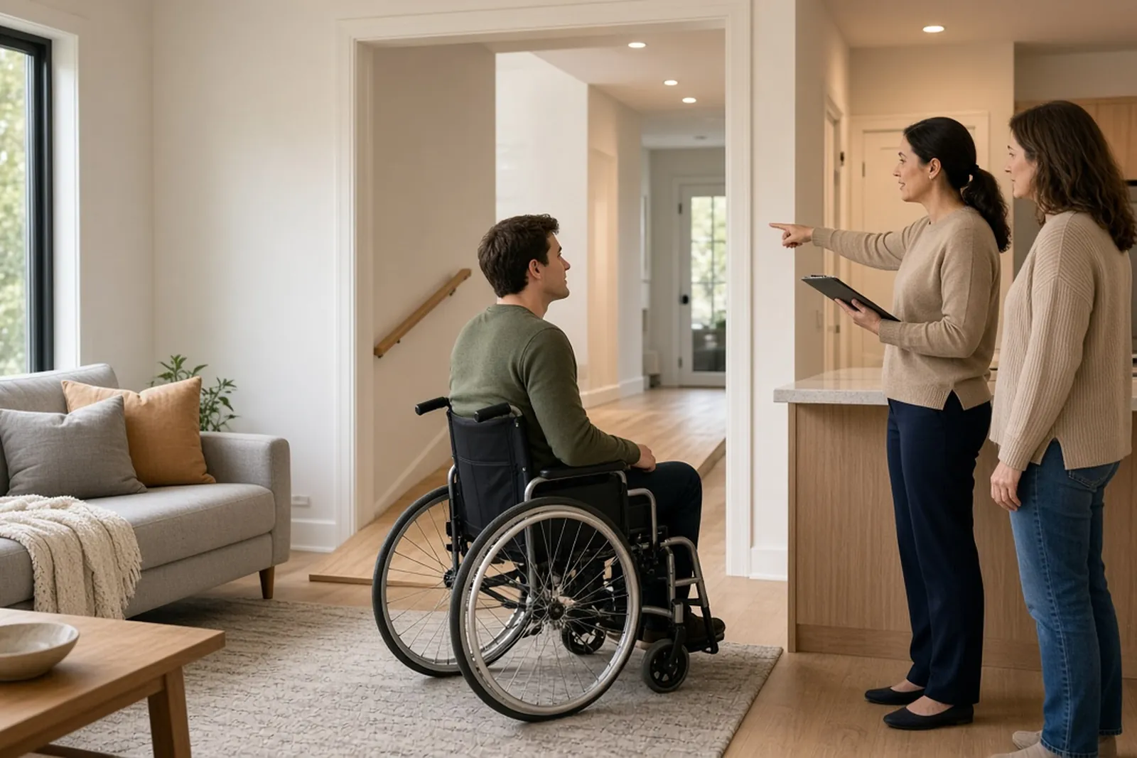 Life care plan assessment: an occupational therapist reviews a Kentucky home's accessibility with a wheelchair user.