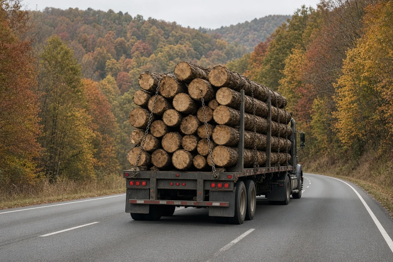 A logging truck loaded with timber travels a rural Kentucky highway through wooded hills, where a logging truck accident can happen when a load shifts.