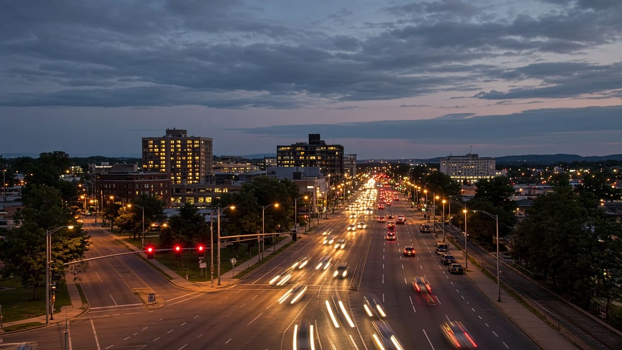 Evening traffic streaming along a multi-lane highway toward a lit downtown skyline.