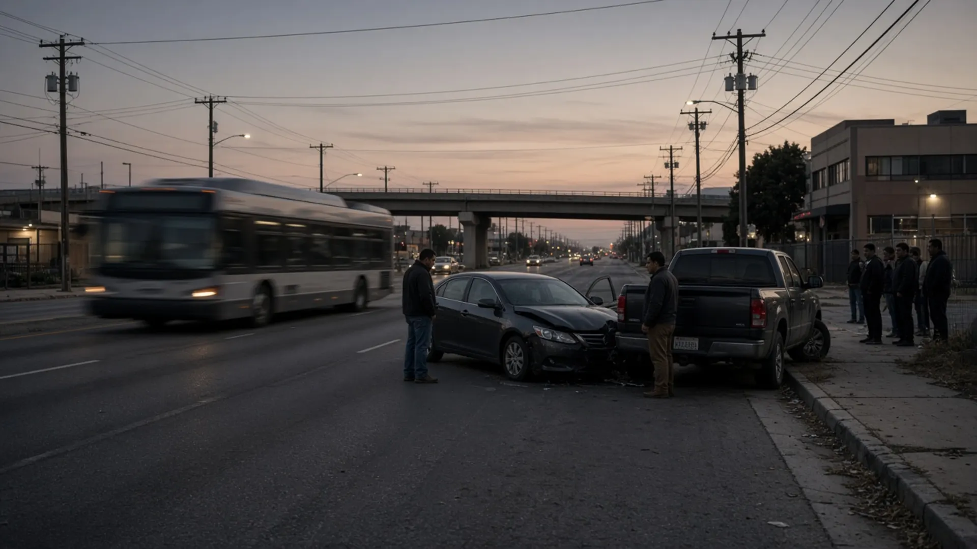 Louisville, KY personal injury lawyer — Drivers beside two cars after a crash on a busy multi-lane urban arterial as a city bus passes in Louisville at dusk
