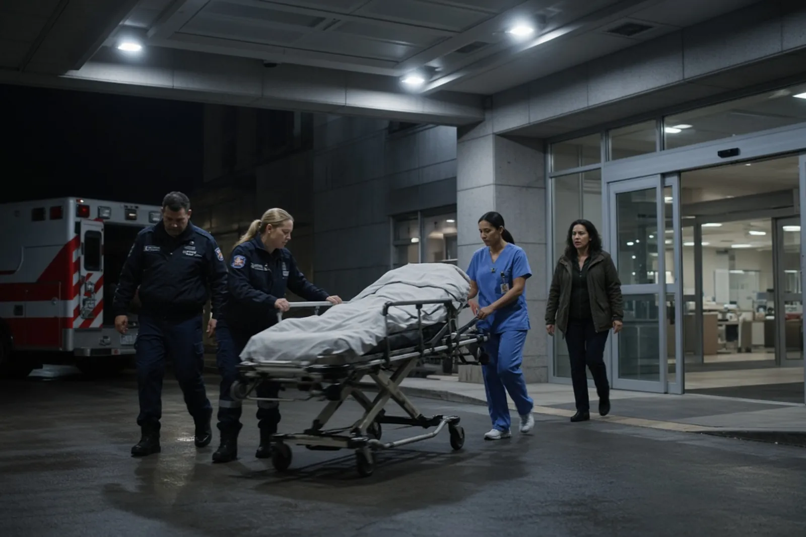Louisville trauma centers: paramedics and a nurse rush an injured patient into a hospital trauma bay as a family member follows.