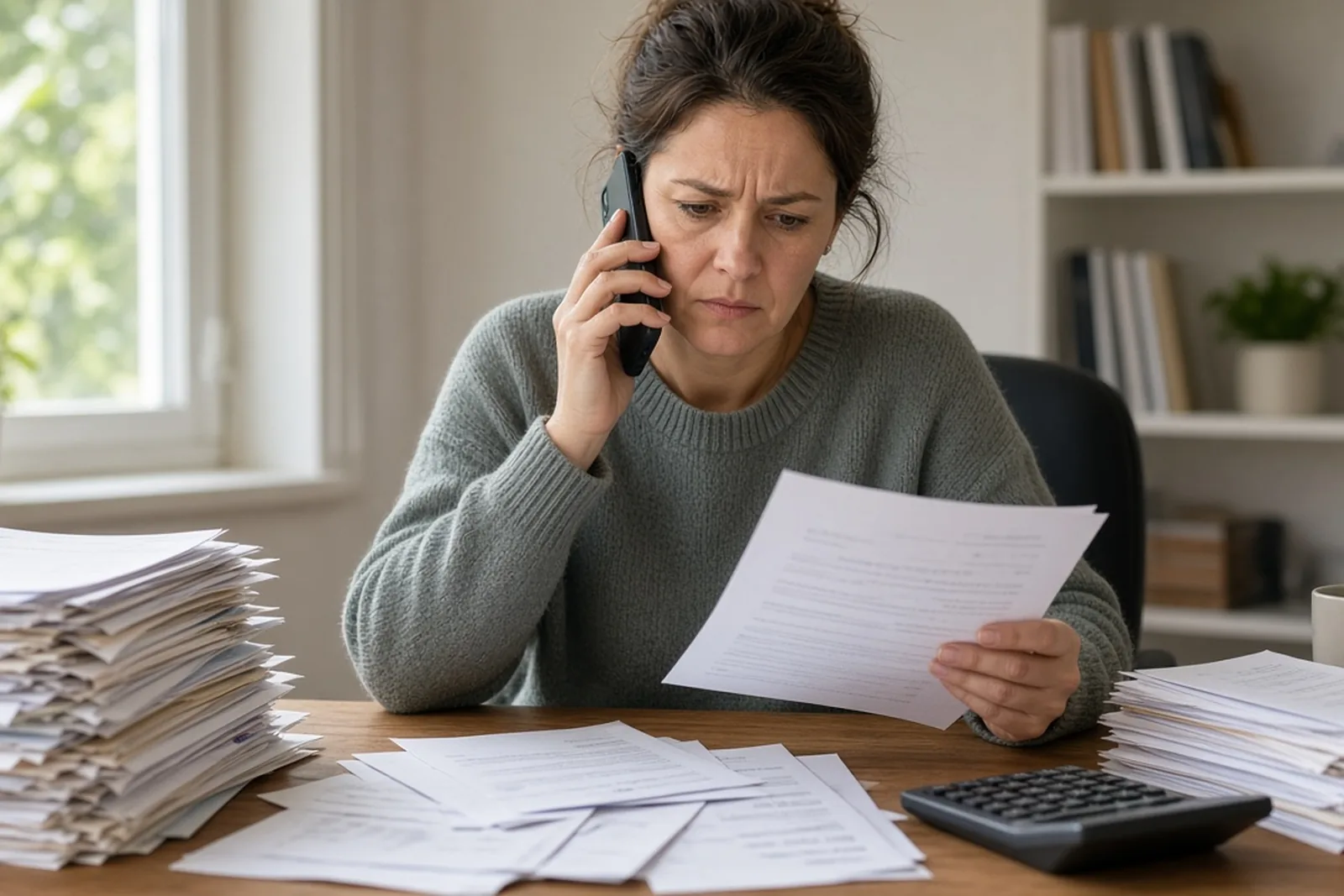 Lowball settlement offer: woman on the phone with an insurance adjuster while looking at a low offer letter and stacks of medical bills.