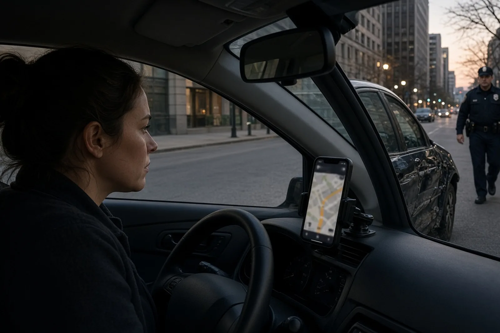 Lyft passenger in the back seat looking out at a city street at dusk, before an accident
