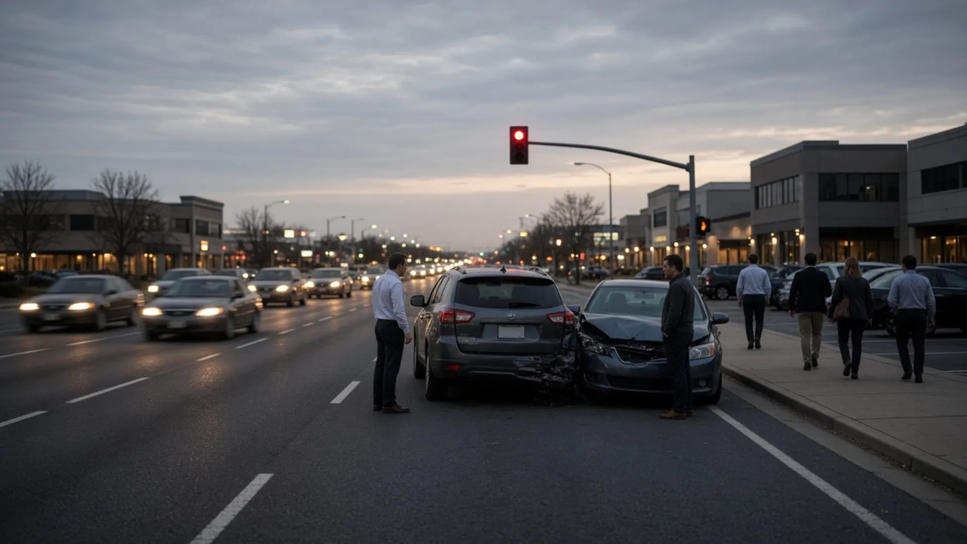 Lyndon, KY personal injury lawyer — Office workers and drivers beside a damaged car on a busy suburban road lined with offices and shops in Lyndon at dusk