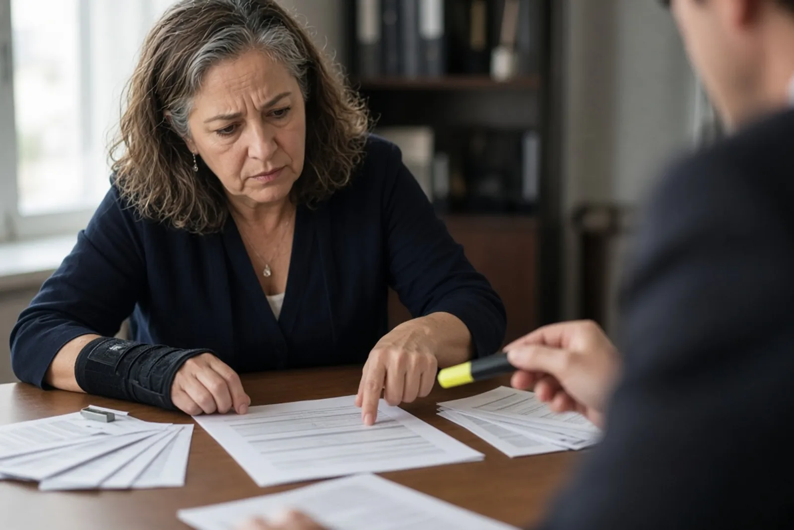 Injured client and her lawyer reviewing itemized medical liens line by line.