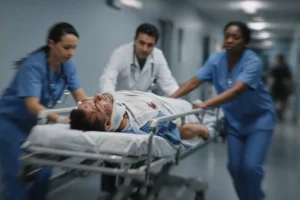 Car accident patient receiving treatment in a hospital emergency room