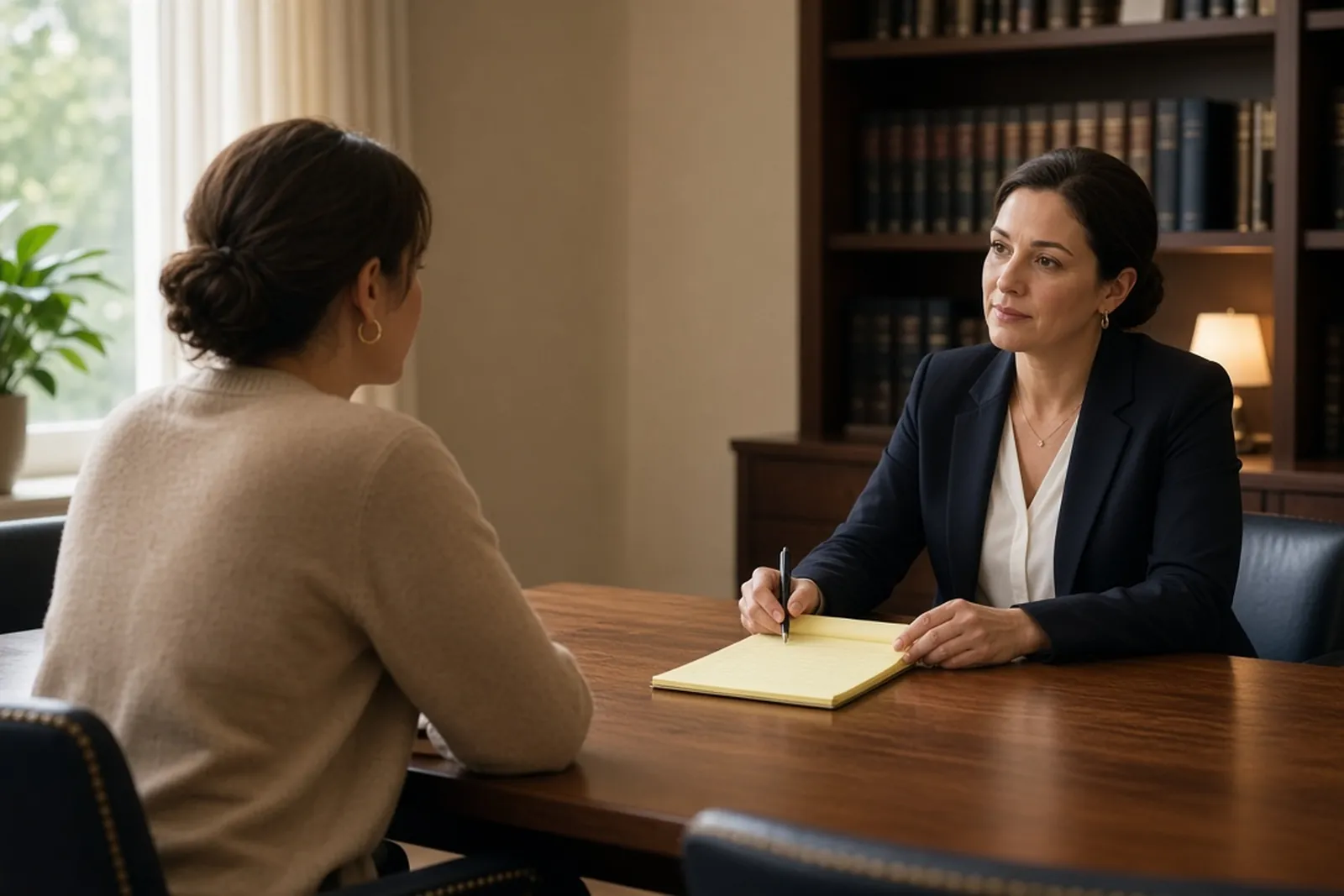 A survivor meets privately with an attorney about a medical sexual abuse claim in Kentucky.