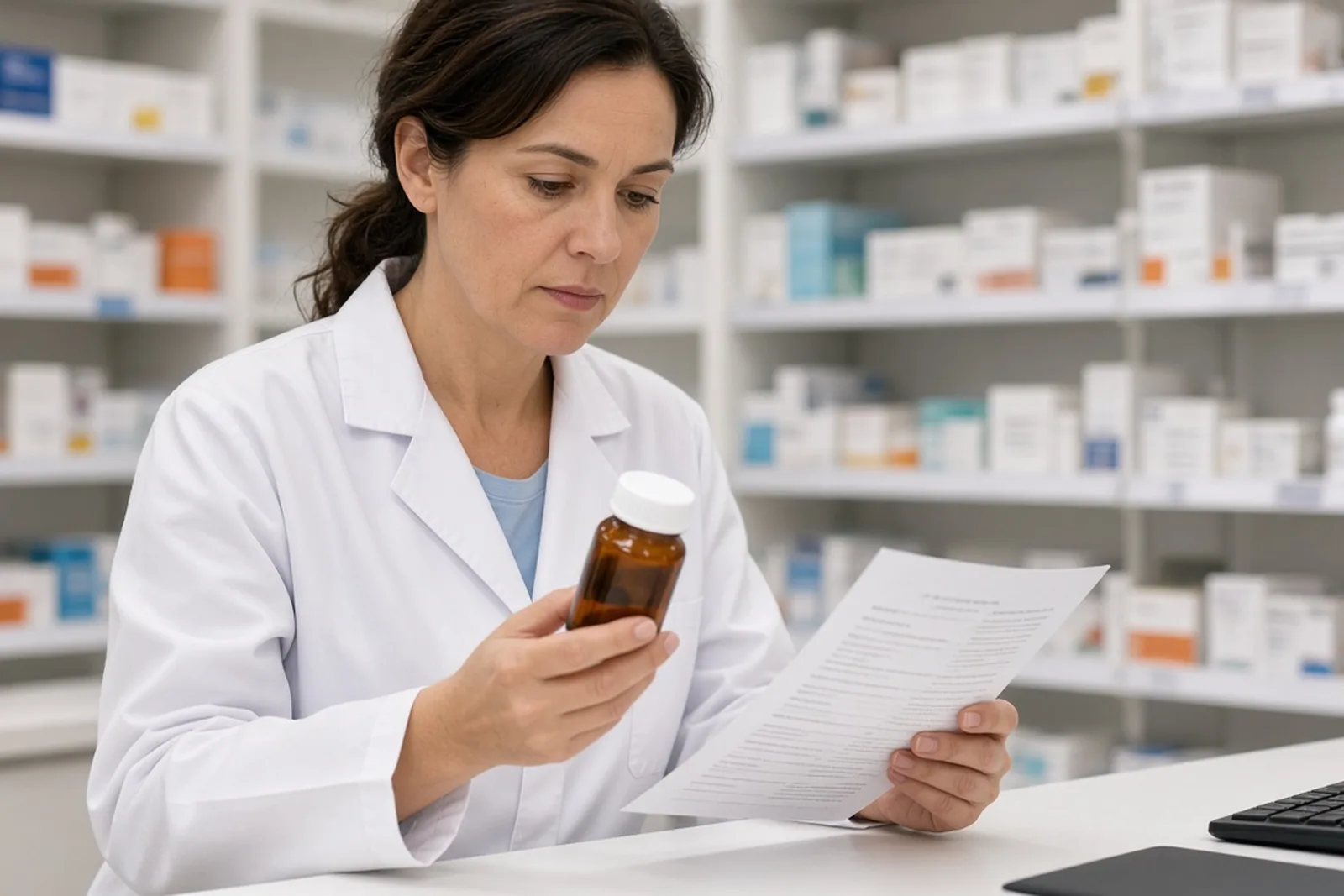 A pharmacist checks prescription bottles against an order at a pharmacy counter to prevent a medication and pharmacy error.