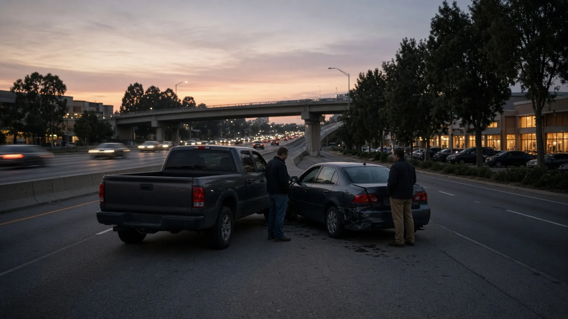 Middletown, KY personal injury lawyer — Drivers beside cars after a crash on a wide suburban highway near a freeway interchange as traffic streams past in Middletown