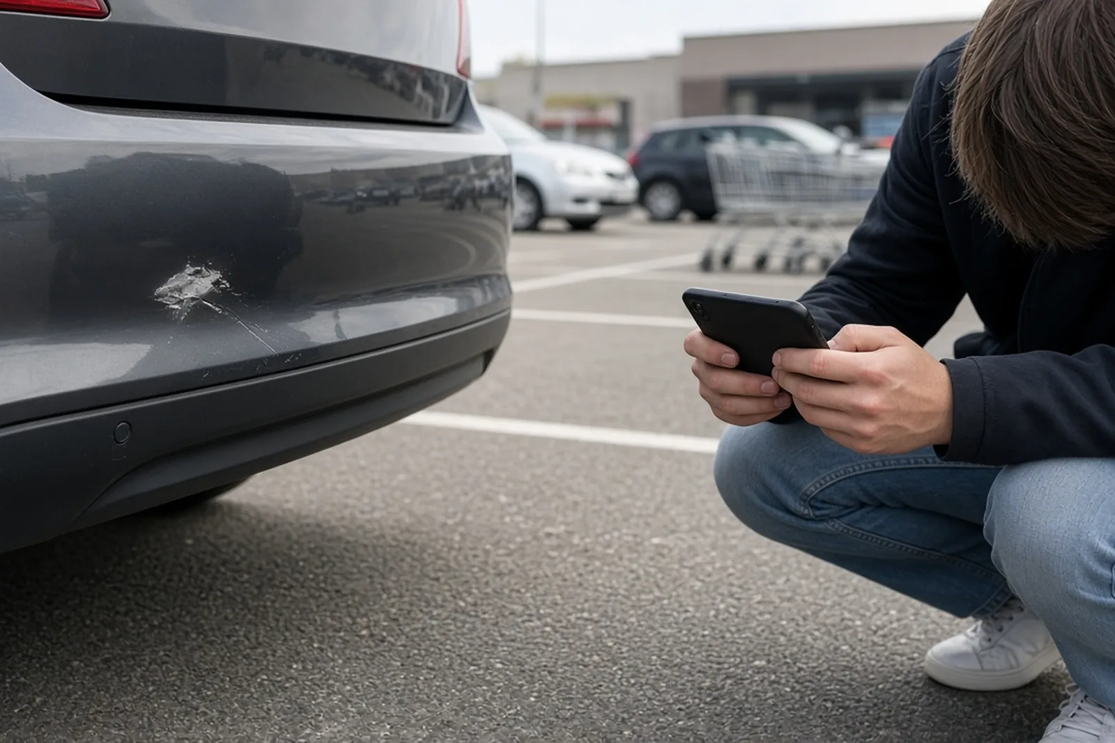 Driver photographing bumper damage after a minor car accident in Kentucky with a phone in a parking lot