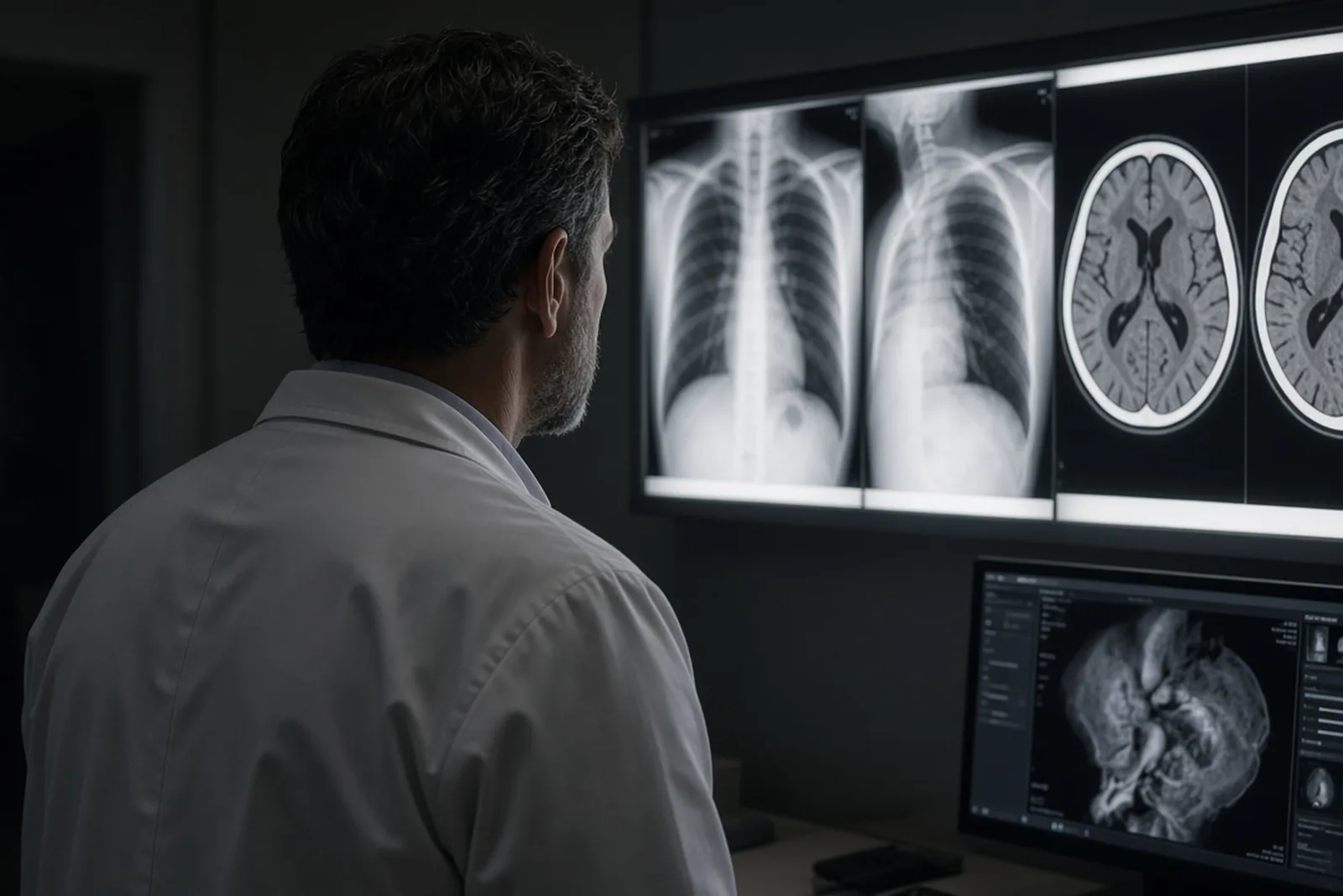 A doctor reviews a patient’s imaging scans on a lightboard in a dim hospital reading room, records a misdiagnosis lawyer reviews.