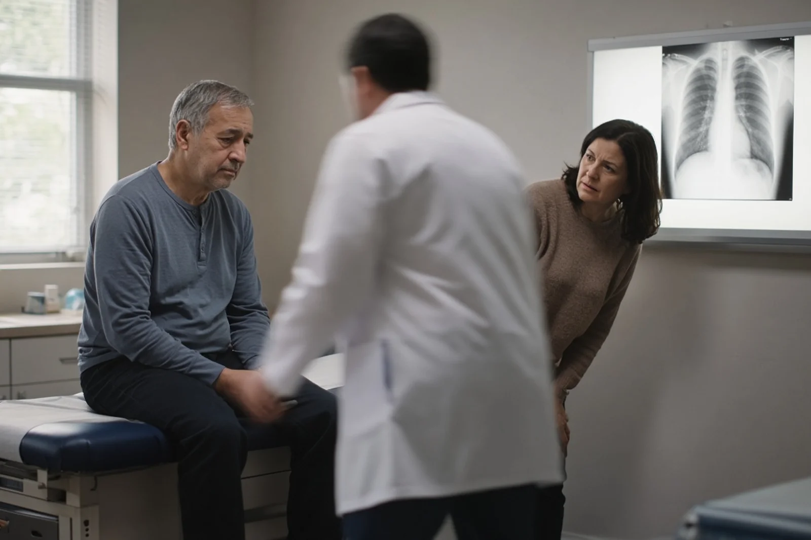 Worried patient on an exam table as a doctor reviews a chest X-ray for a possible misdiagnosis while a family member looks on