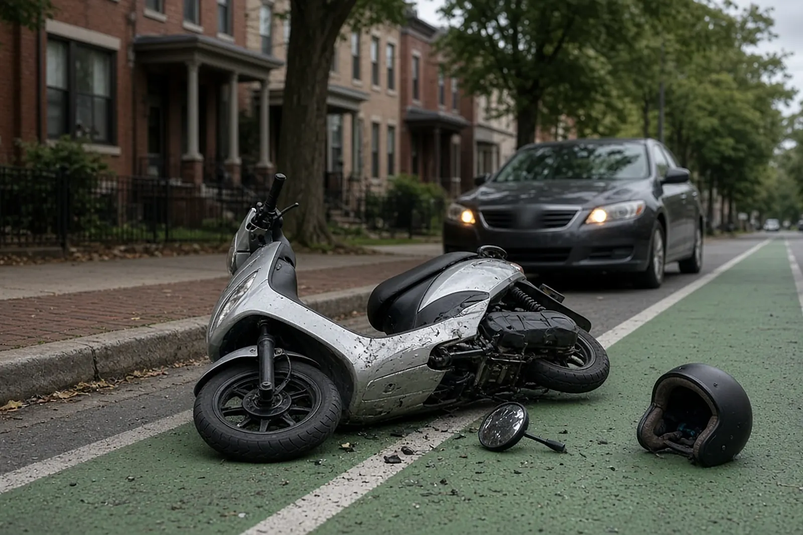 Moped accident lawyer case: scooter on its side in a Louisville bike lane with a broken mirror and helmet beside it