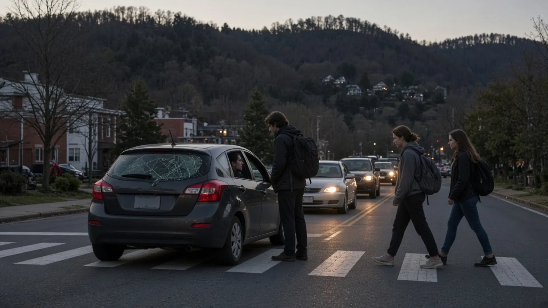 Morehead, KY personal injury lawyer — College-age pedestrians crossing near a stopped car after a minor collision on a small-town main road near Morehead