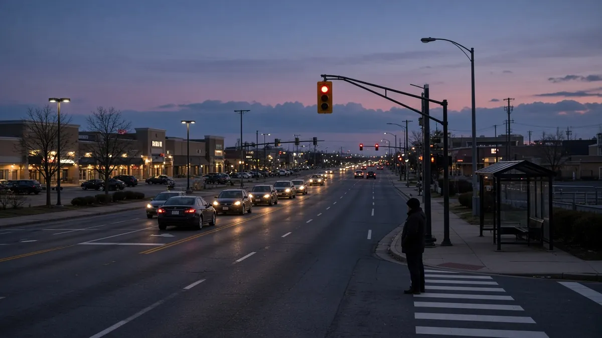 One of the most dangerous roads in Louisville: a wide, busy arterial at dusk with a pedestrian at a crosswalk.