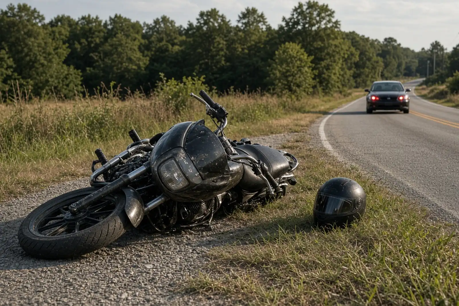 What to do after a motorcycle accident: motorcycle and helmet on the shoulder of a rural Kentucky road with a car stopped ahead