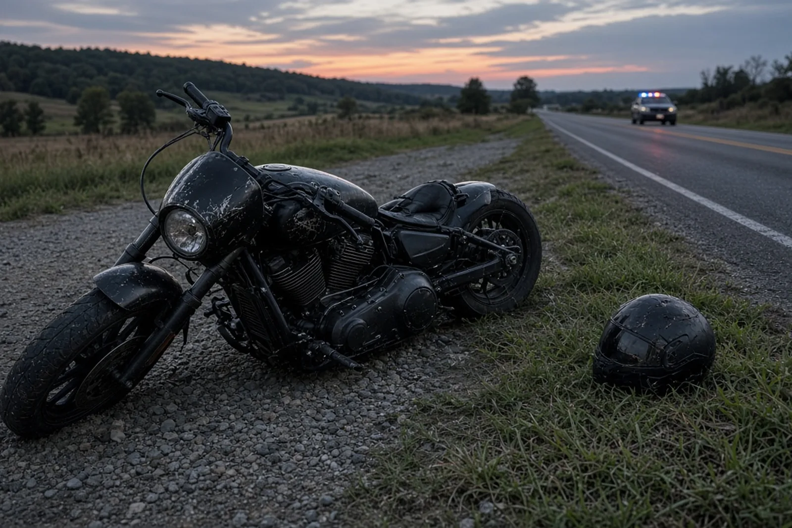 A damaged motorcycle lies on its side on a roadway shoulder with a scuffed helmet nearby, a reminder of how motorcycle accident injuries happen.