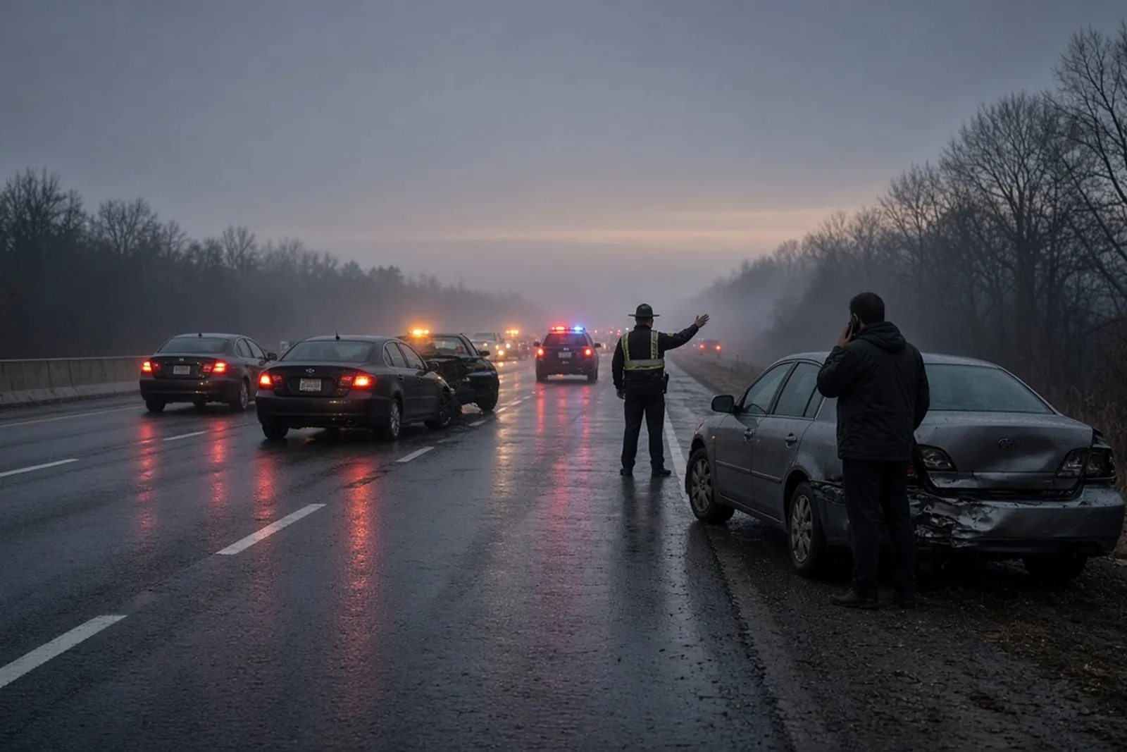 Multi-vehicle pileup on a Kentucky interstate in fog as a trooper directs traffic around stopped cars.