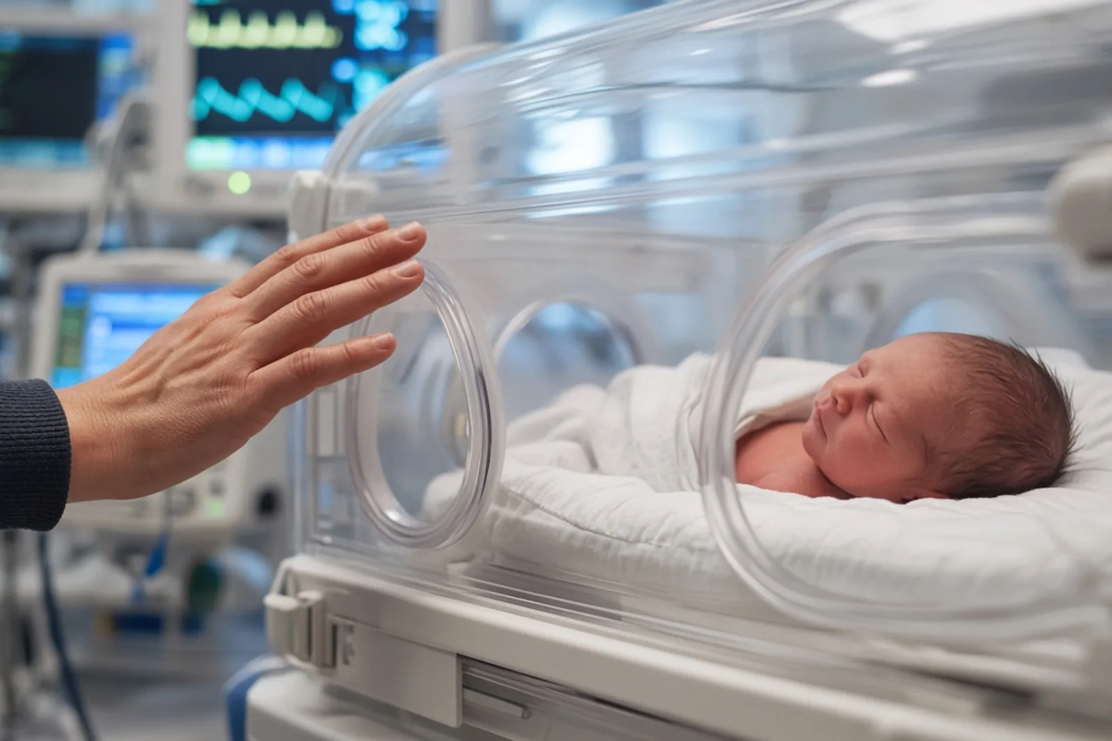 Parent watching a premature baby in a hospital incubator, the focus of the NEC baby formula lawsuit