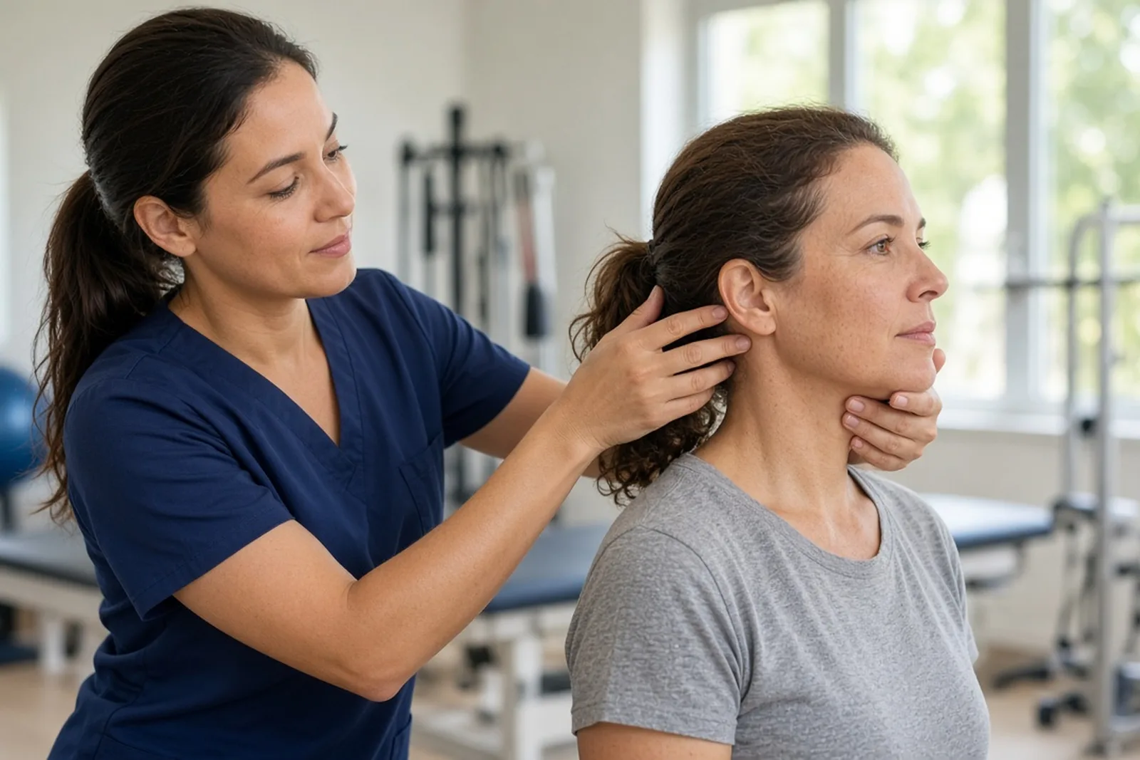 A physical therapist guides a patient through a gentle neck mobility exercise in a Louisville rehab clinic while a neck injury lawyer builds the claim.