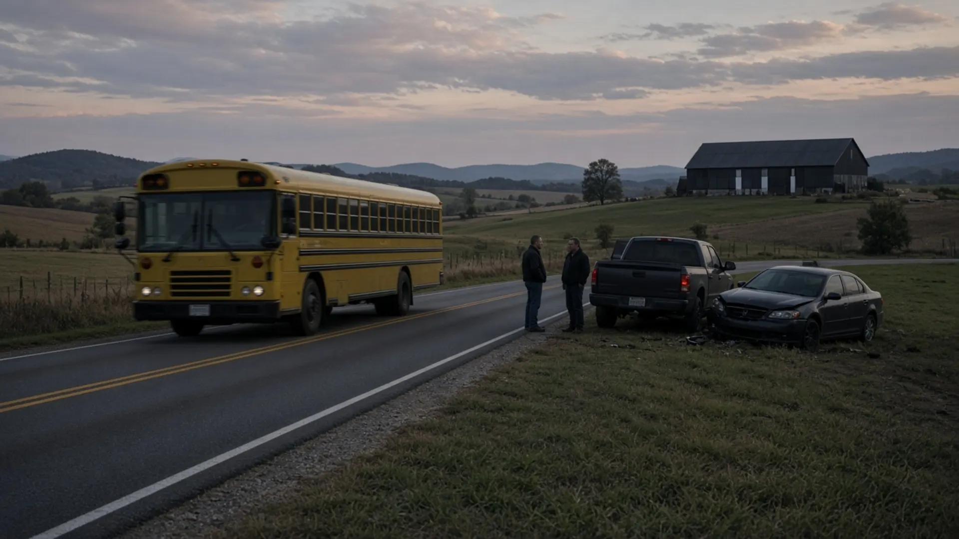 Nelson County, KY personal injury lawyer — School bus slowing past a pickup and sedan stopped after a crash on a rural Nelson County two-lane road