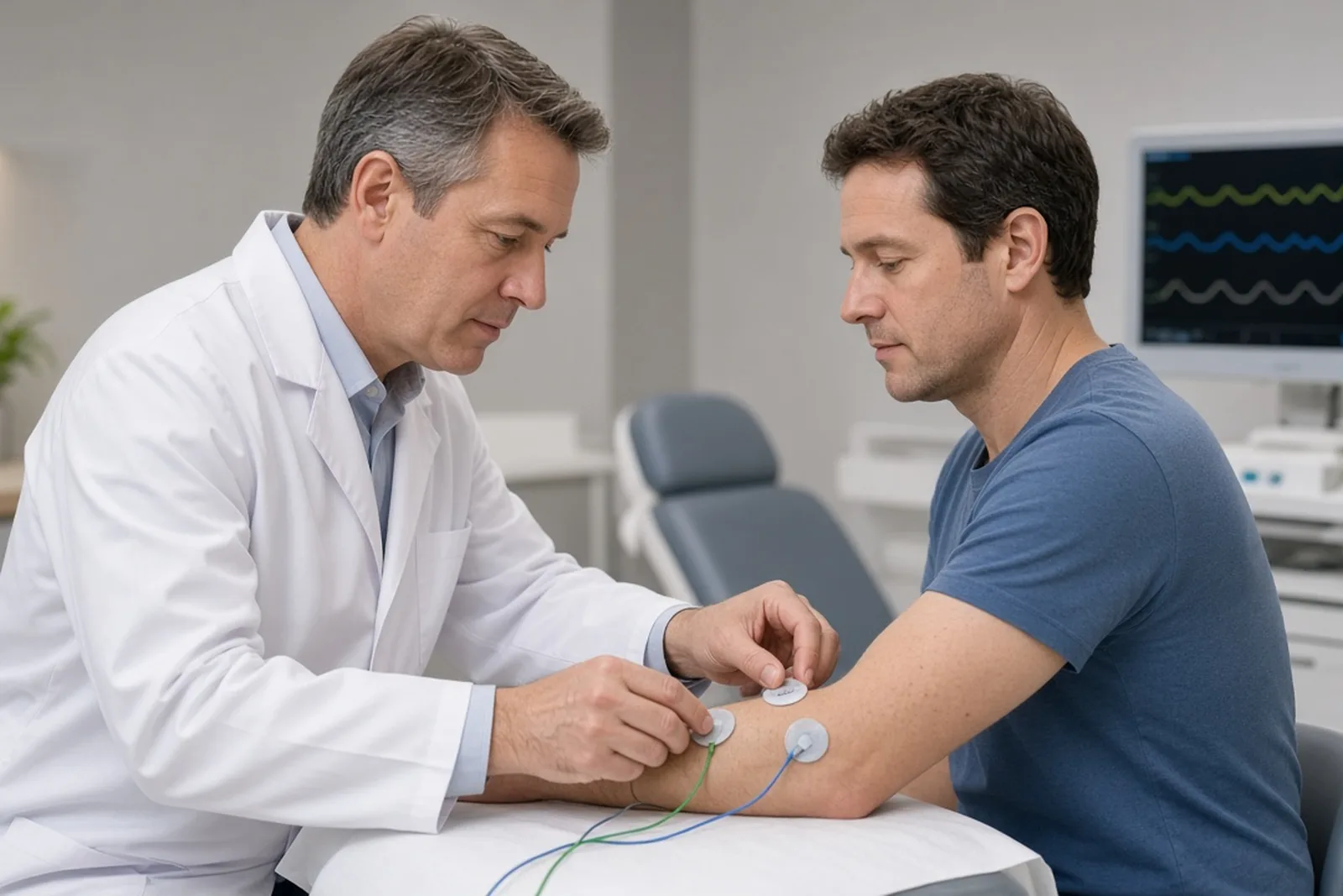A neurologist performs a nerve conduction test, evidence a nerve damage lawyer relies on, on a patient’s forearm using small electrode pads.