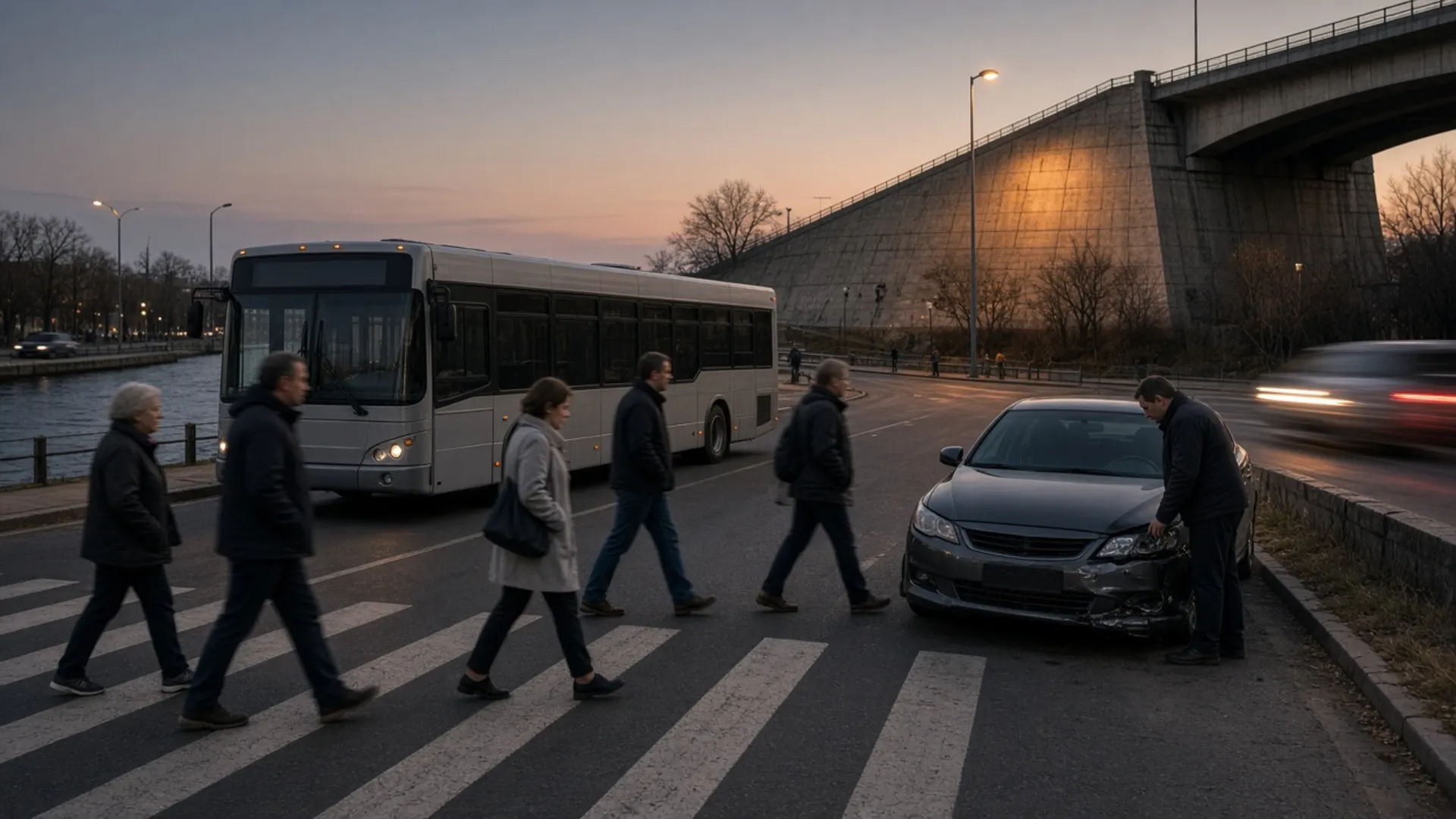Newport, KY personal injury lawyer — Pedestrians crossing a busy riverfront street at dusk as a driver checks a damaged car near a bridge approach in Newport