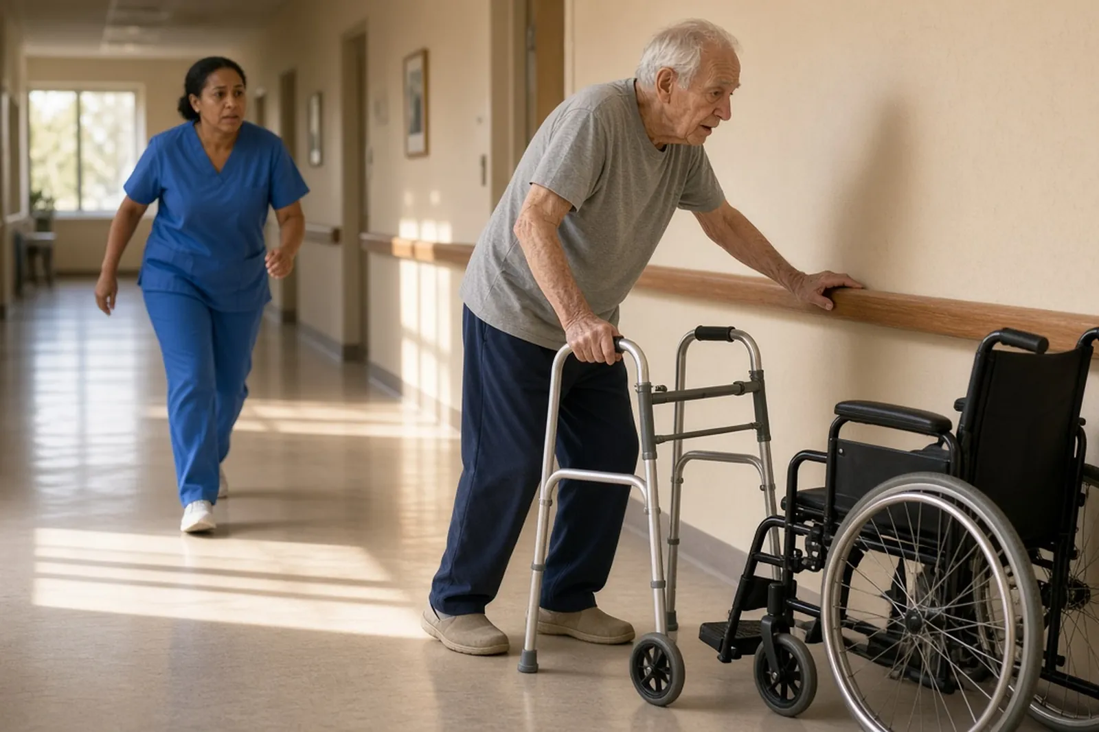 Nursing home falls: an elderly resident with a walker loses his balance as an aide rushes to help.