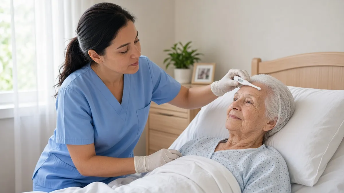 A nurse checks an elderly resident's temperature, monitoring that can catch a nursing home infection before it becomes sepsis.