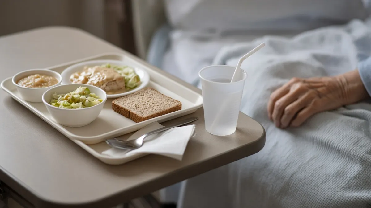 An untouched meal tray and a full water cup beside an elderly resident's bed, a common sign of nursing home malnutrition and dehydration.
