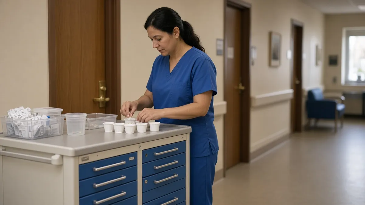 A nurse sorting pills from a medication cart in a nursing home hallway, where a nursing home medication error can begin.